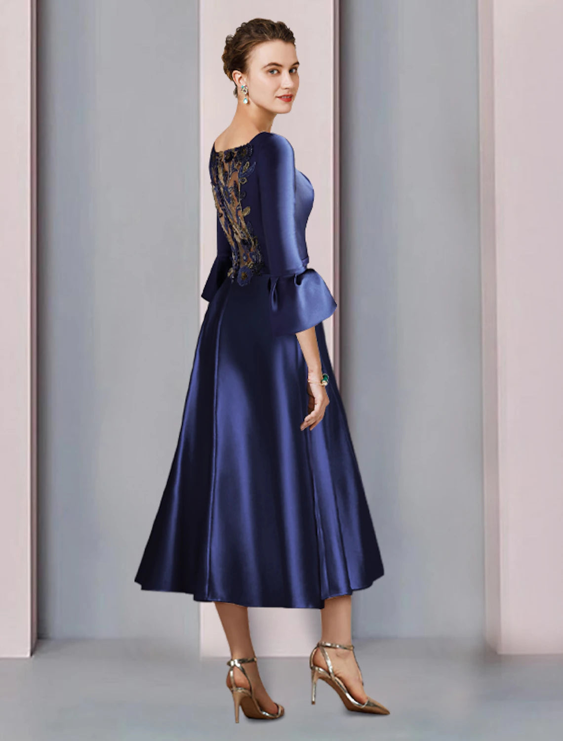 Wholesale  A-Line Mother of the Bride Dress Formal Wedding Guest Elegant Bateau Neck Tea Length Satin 3/4 Length Sleeve with Pleats Beading